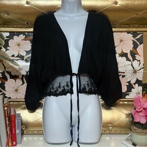 Small Y2K Lace Hem Tie Front Cardigan Goth Grunge Womens 2000s Top